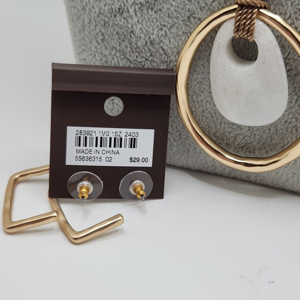 Modernist Mate Gold Tone Stone Pendant Necklace & Square Hoop Earringsβ Set - Picture 6 of 8
